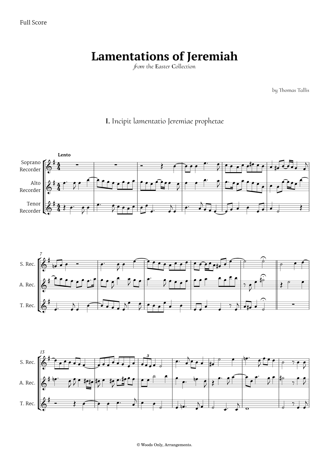 Lamentations of Jeremiah by Thomas Tallis for Recorder Trio (arr. Ander) Digital Sheet Music