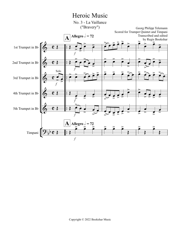 Heroic Music No. 3. La Vaillance (Bb) (Trumpet Quintet, Timp) Sheet