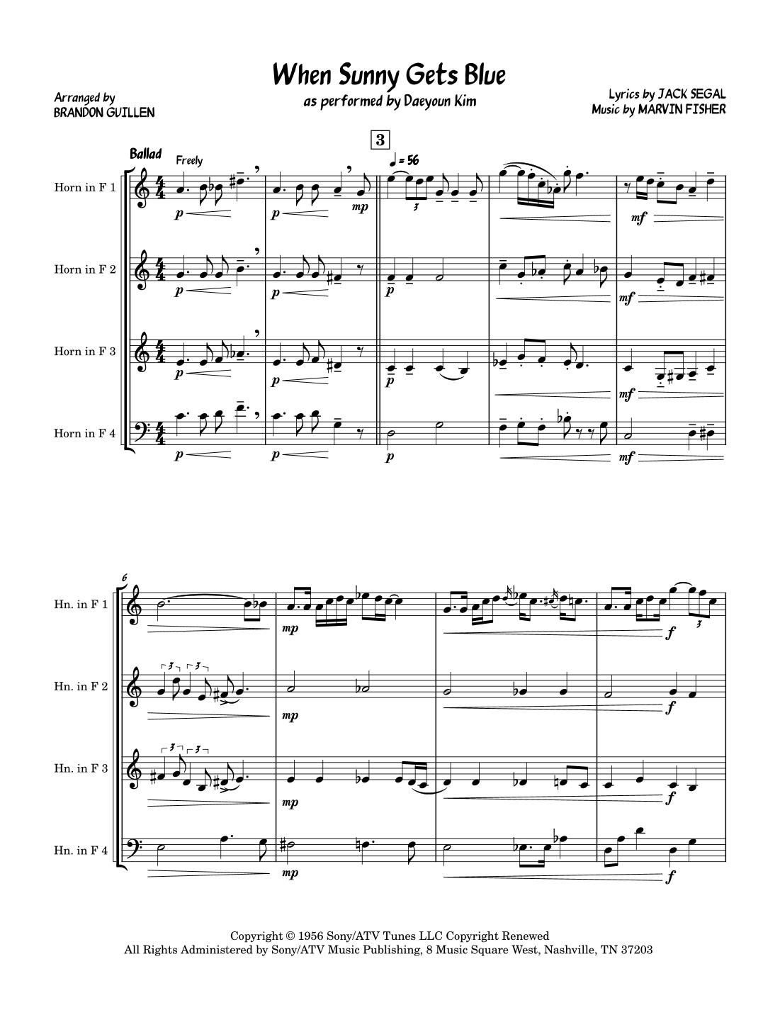 When Sunny Gets Blue (arr. Brandon Guillen) by Jack Segal Sheet Music ...