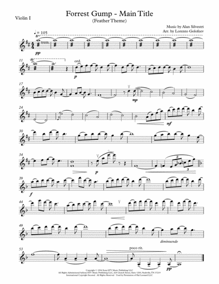 Interactive Digital Sheet Music preview of 'Forrest Gump - Main Title (Feather Theme)  from the Paramount Motion Picture FORREST GUMP (arr. Lorento Golofeev)' by Alan Silvestri, String Quartet page 1