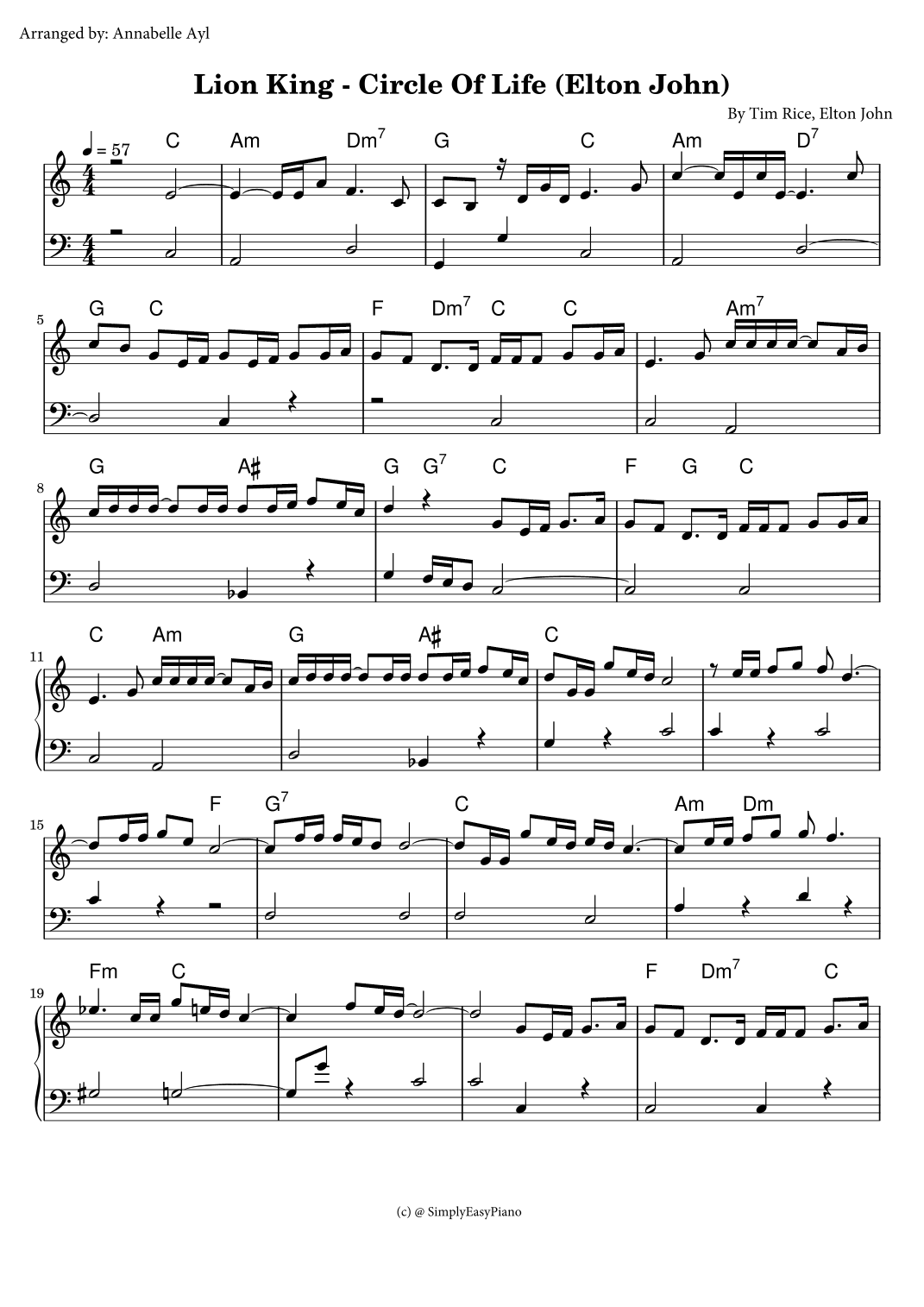 Circle Of Life (arr. Annabelle Ayl) by Elton John Sheet Music for Easy ...