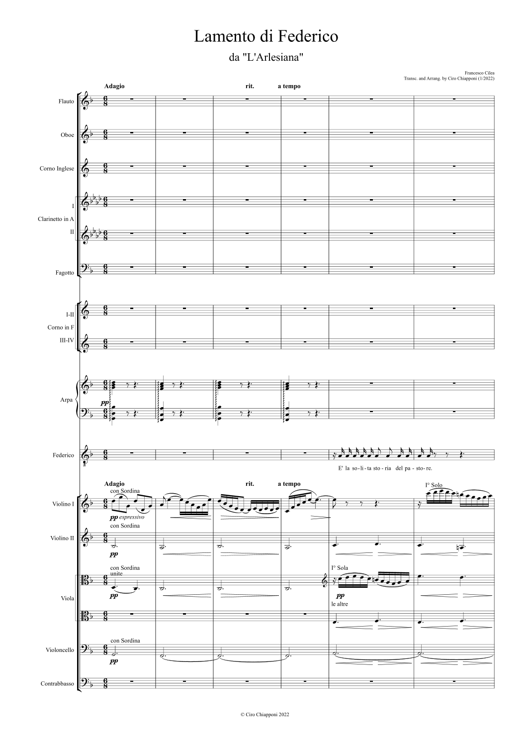 Lamento di Federico from "L'Arlesiana" (arr. Chiapponi Ciro) by Francesco Cilea Full Orchestra
