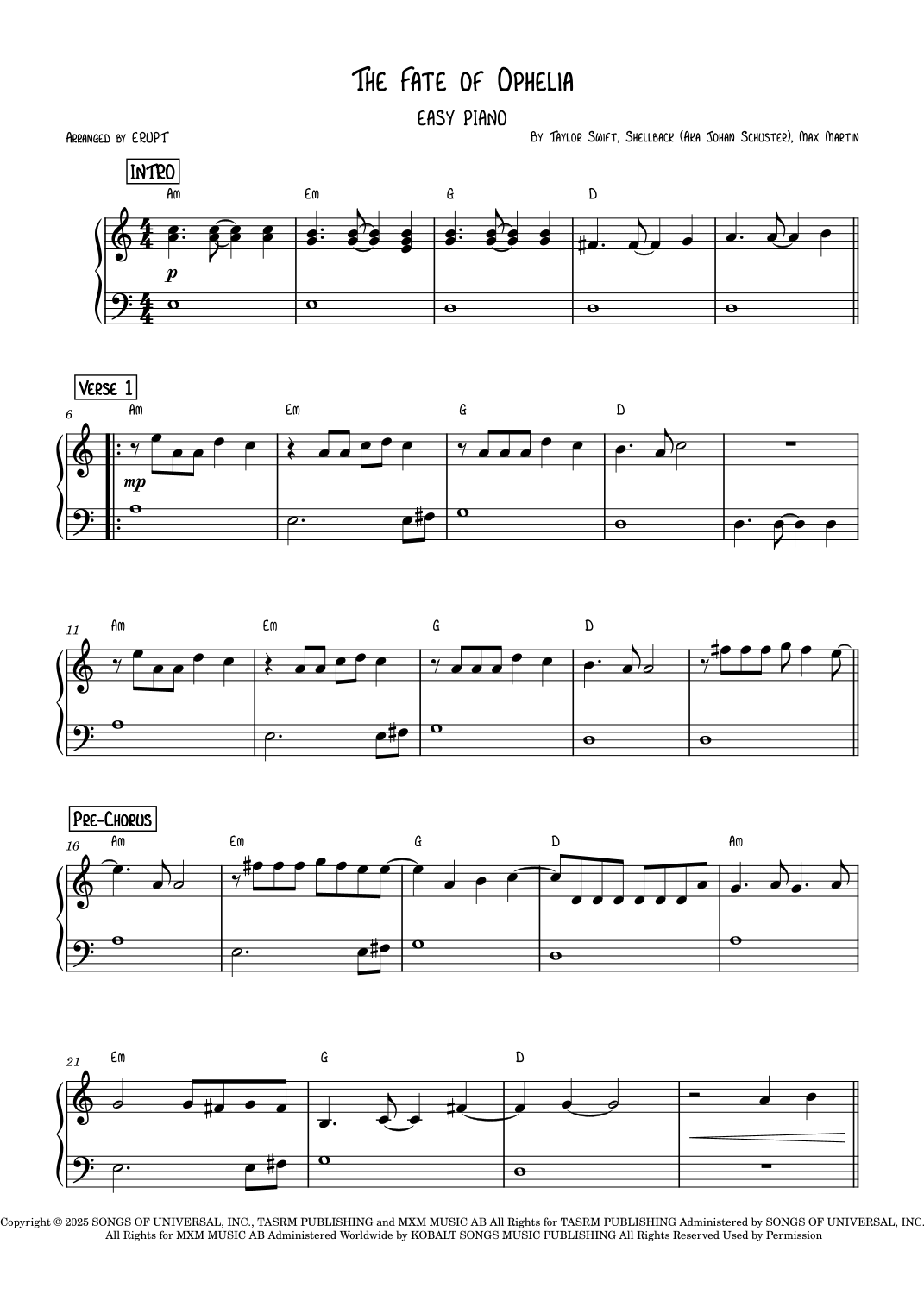 The Fate Of Ophelia (arr. Erupt par Taylor Swift Partitions pour Piano ...