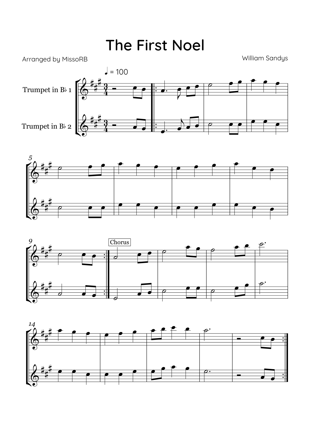 The First Noel - Trumpet Duet in G Major (Easy) by William Sandys Sheet ...