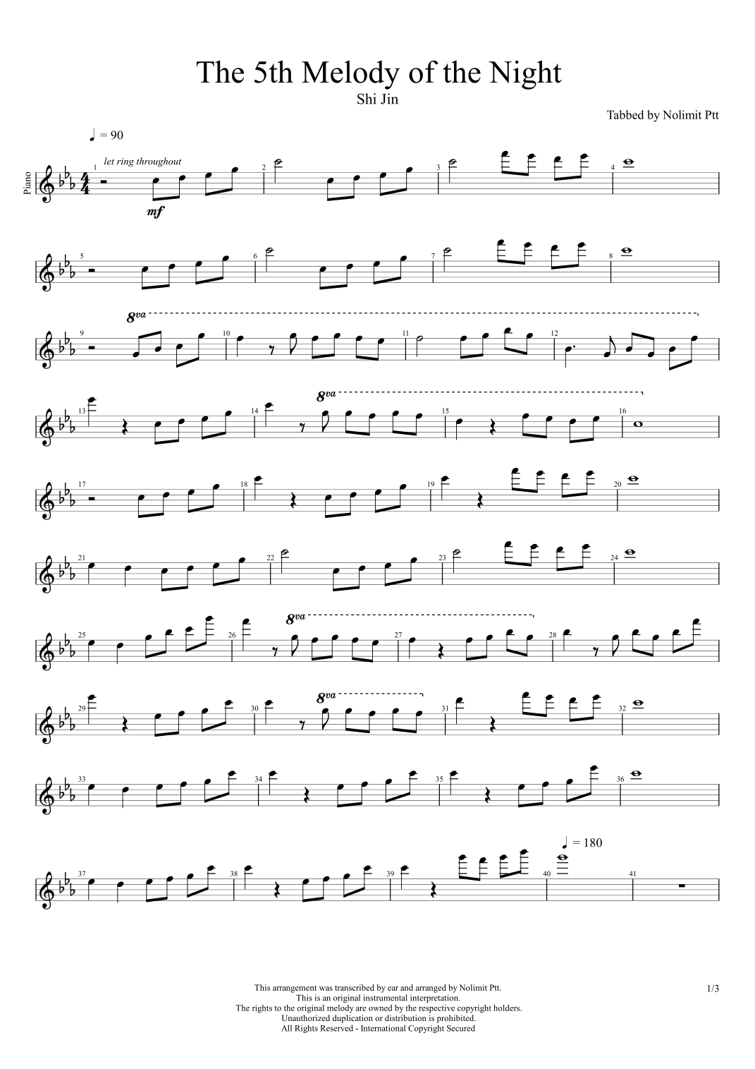 The 5th Melody of the Night (arr. Righty) by Shï Jin Sheet Music for ...