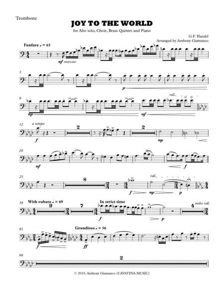 Joy to the World (alto solo, choir, piano, brass quintet) - TROMBONE PART (arr. Anthony Giamanco) Digital Sheet Music