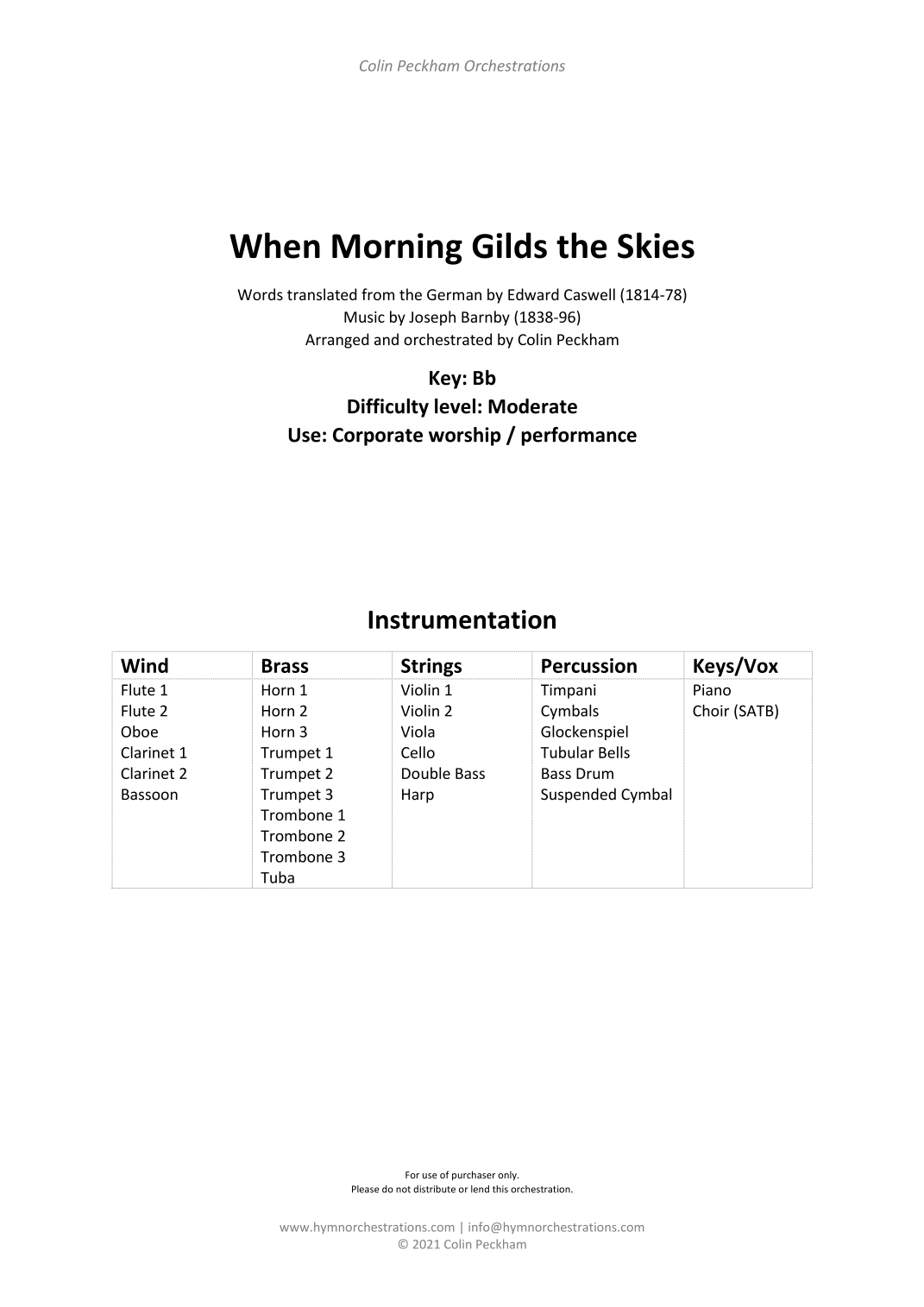 When Morning Gilds the Skies (arr. Colin Peckham) by Joseph Barnby (1838-96) Full Orchestra