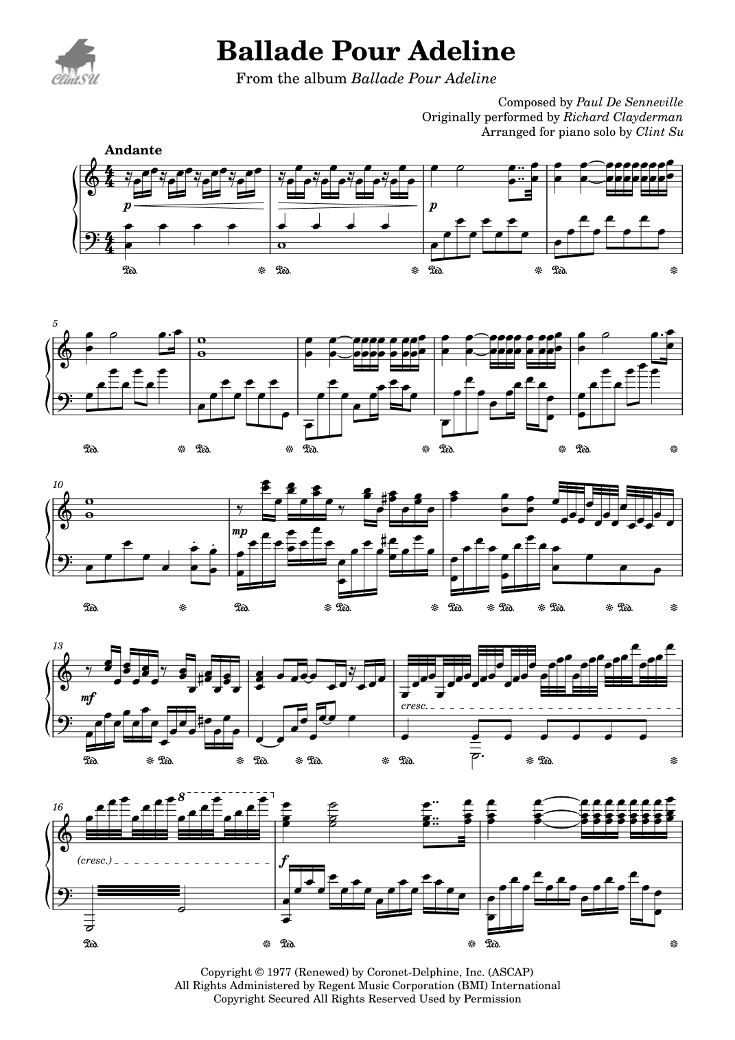 Ballade Pour Adeline (arr. Clint Su) by Richard Clayderman Sheet