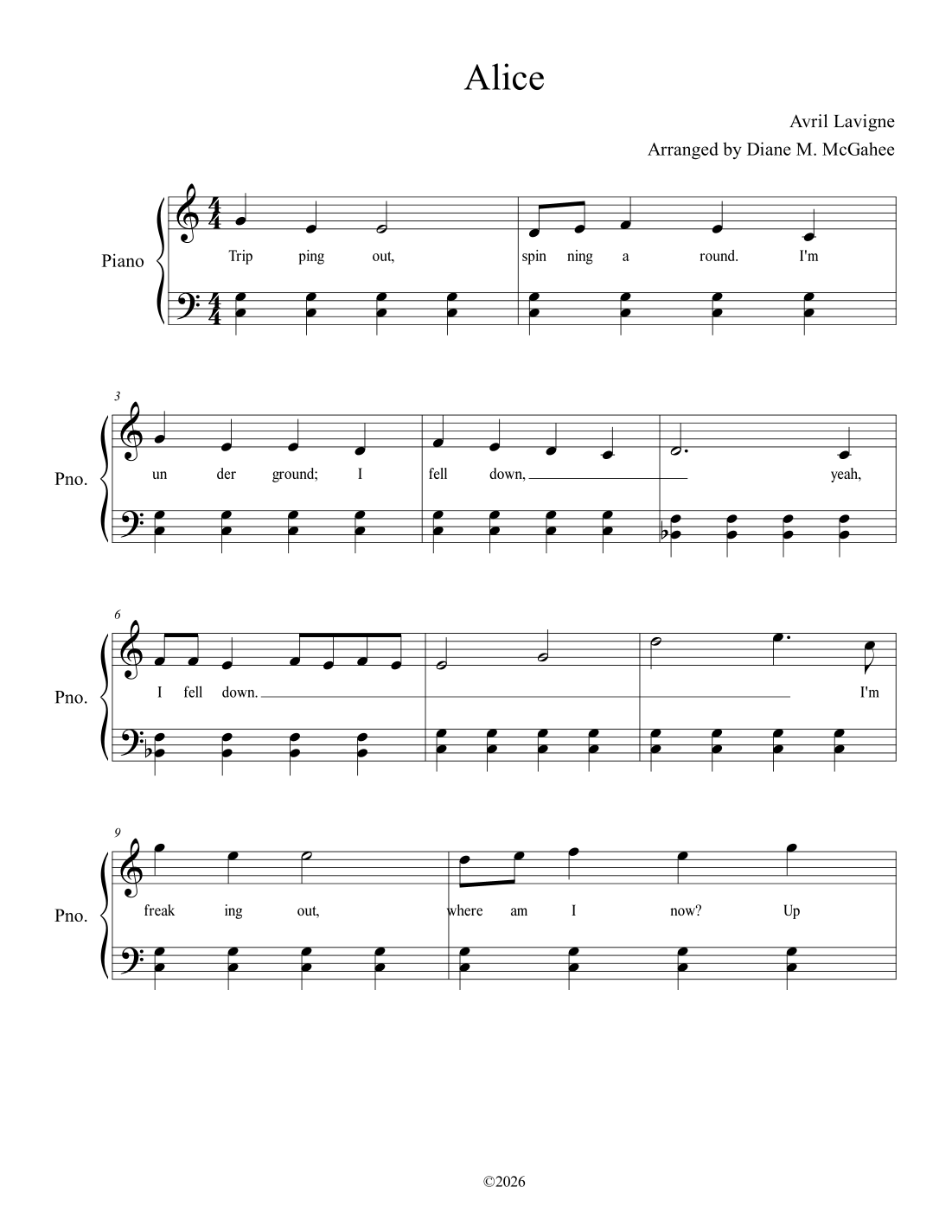 Alice by Avril Lavigne Sheet Music for Piano & Vocal (arr. Arranged by ...