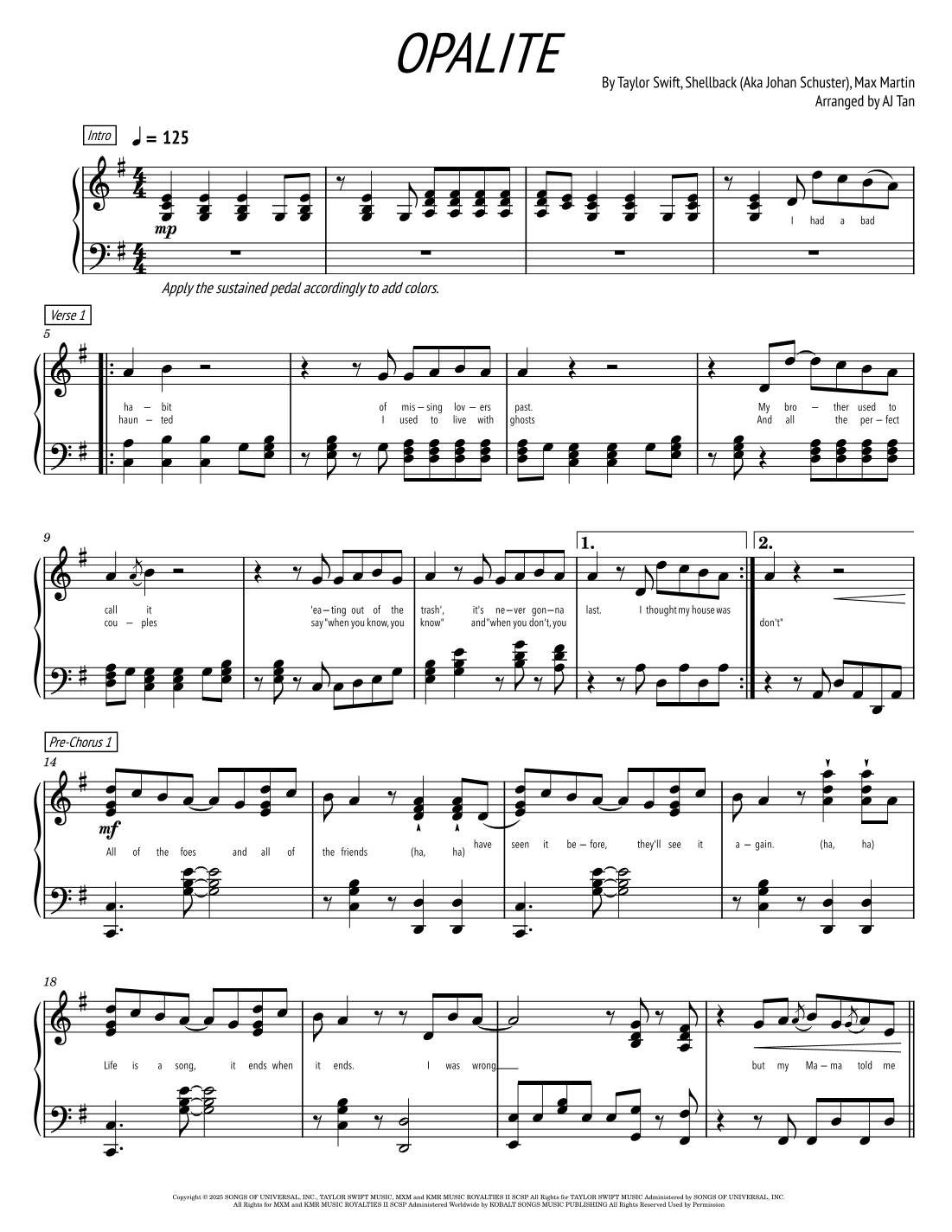cigarette daydreams drum sheet music Opalite (arr. AJ Tan) by Taylor Swift Sheet Music for Piano Solo at Sheet  Music Direct