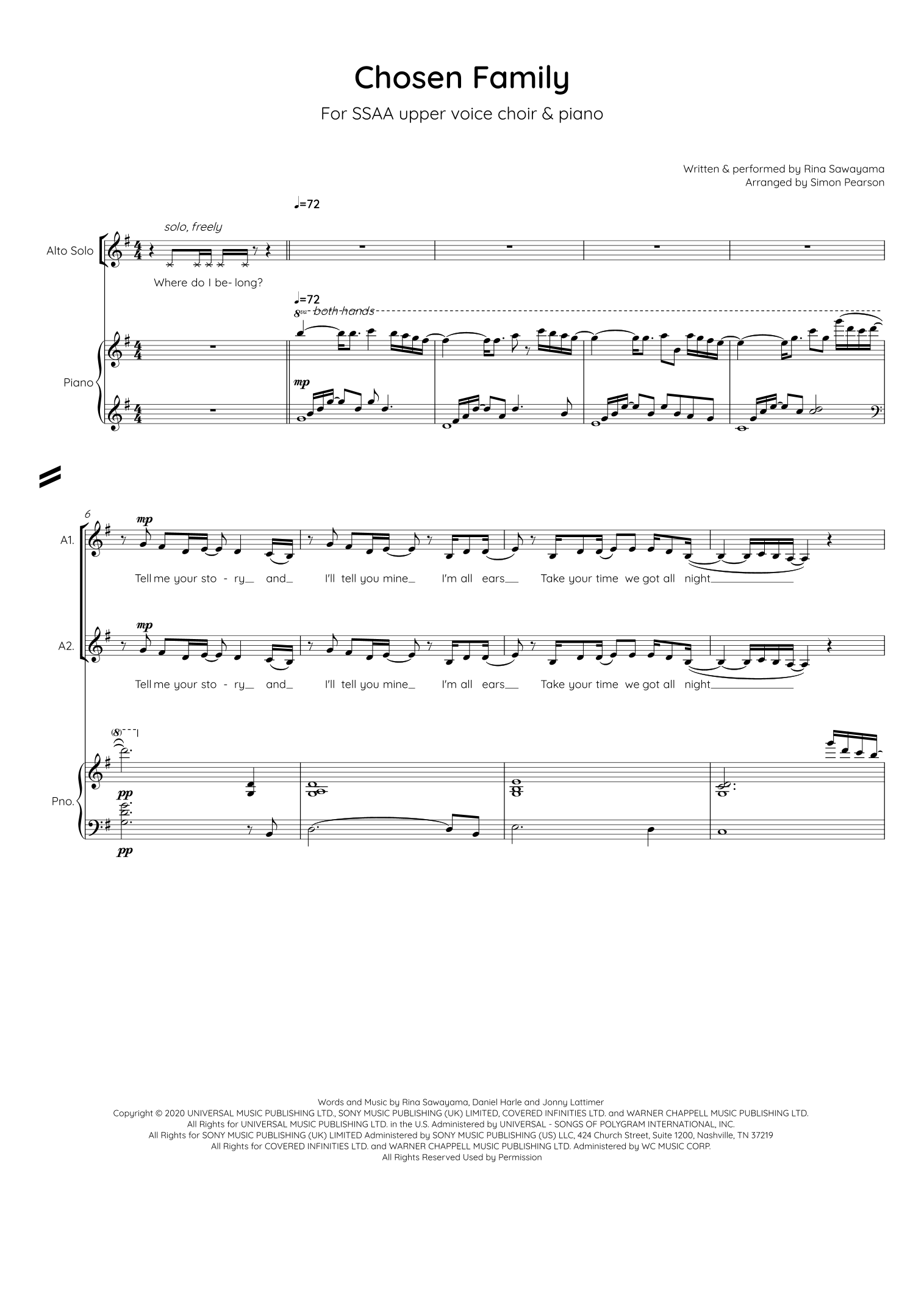 Chosen Family (arr. Simon Pearson by Rina Sawayama Sheet Music for SSAA ...
