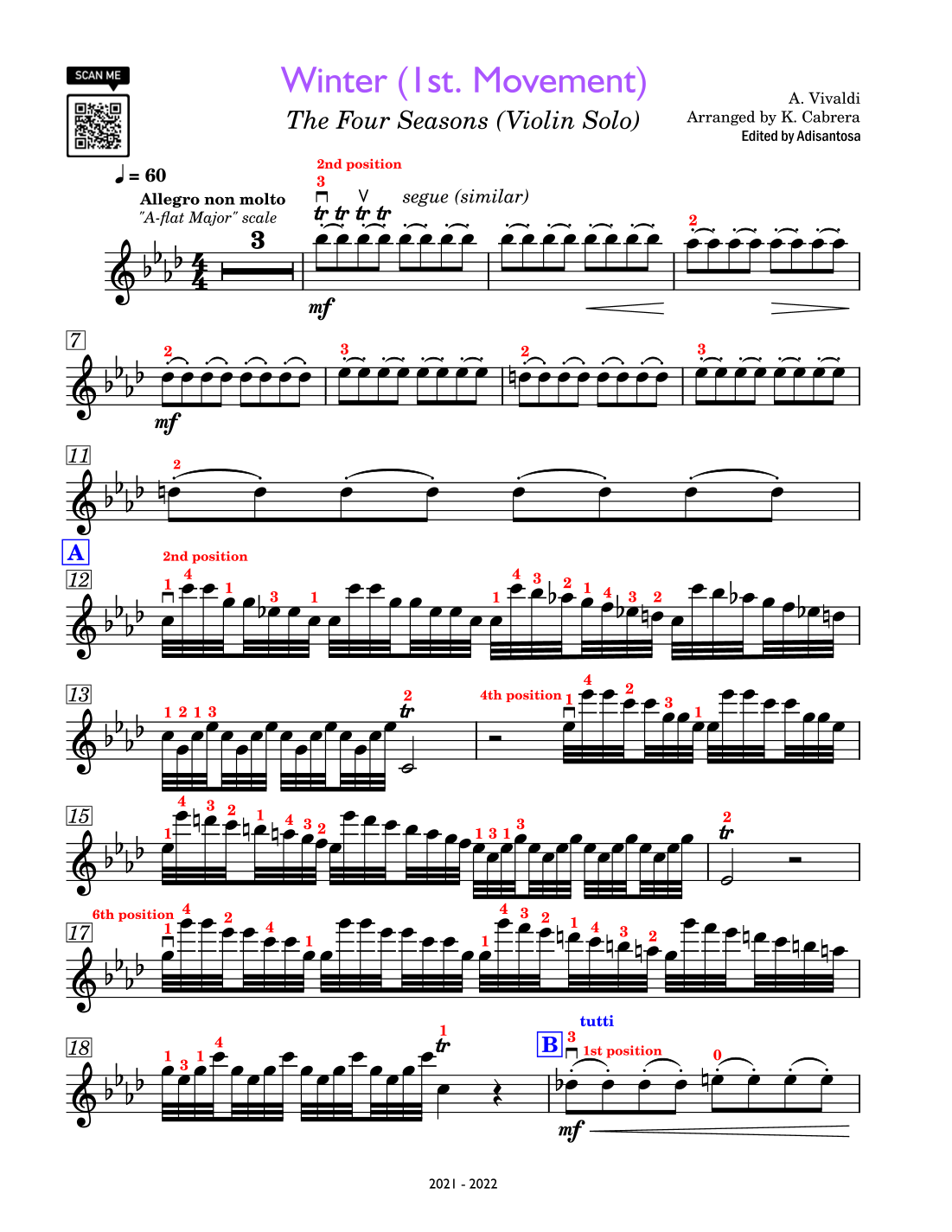 Winter (1st Movement) from "The Four Seasons" by Antonio Vivaldi Sheet ...
