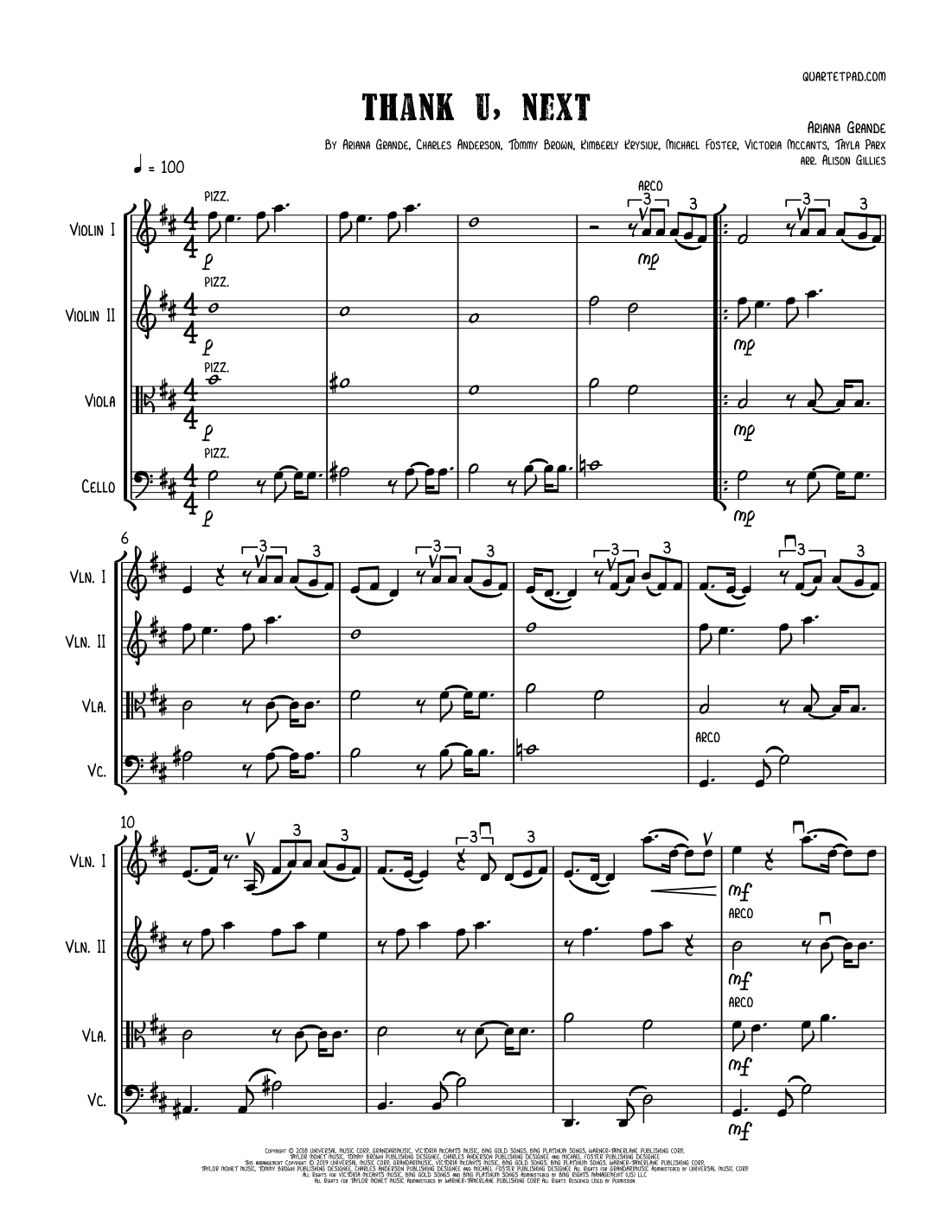Interactive Digital Sheet Music preview of 'Thank U, Next (arr. Alison Gillies)' by Ariana Grande, String Quartet page 1