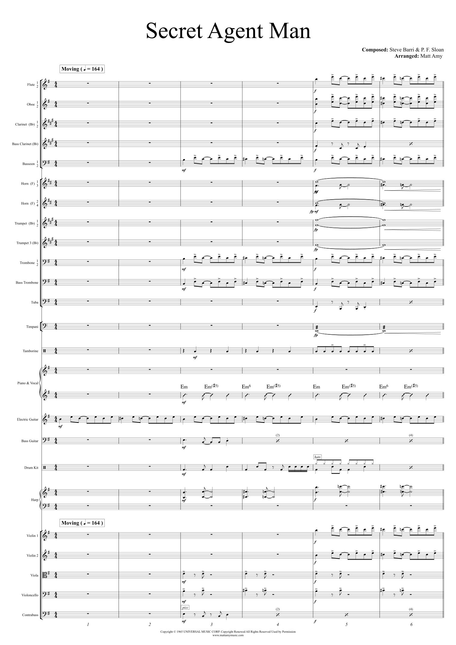 Secret Agent Man (arr. Matt Amy) by Johnny Rivers 管弦乐团总谱 - 预览
