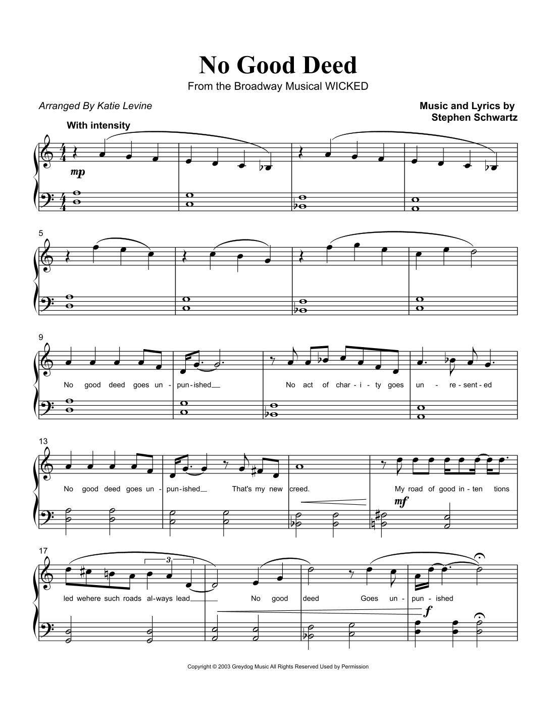 No Good Deed by Stephen Schwartz Sheet Music for Easy Piano (arr