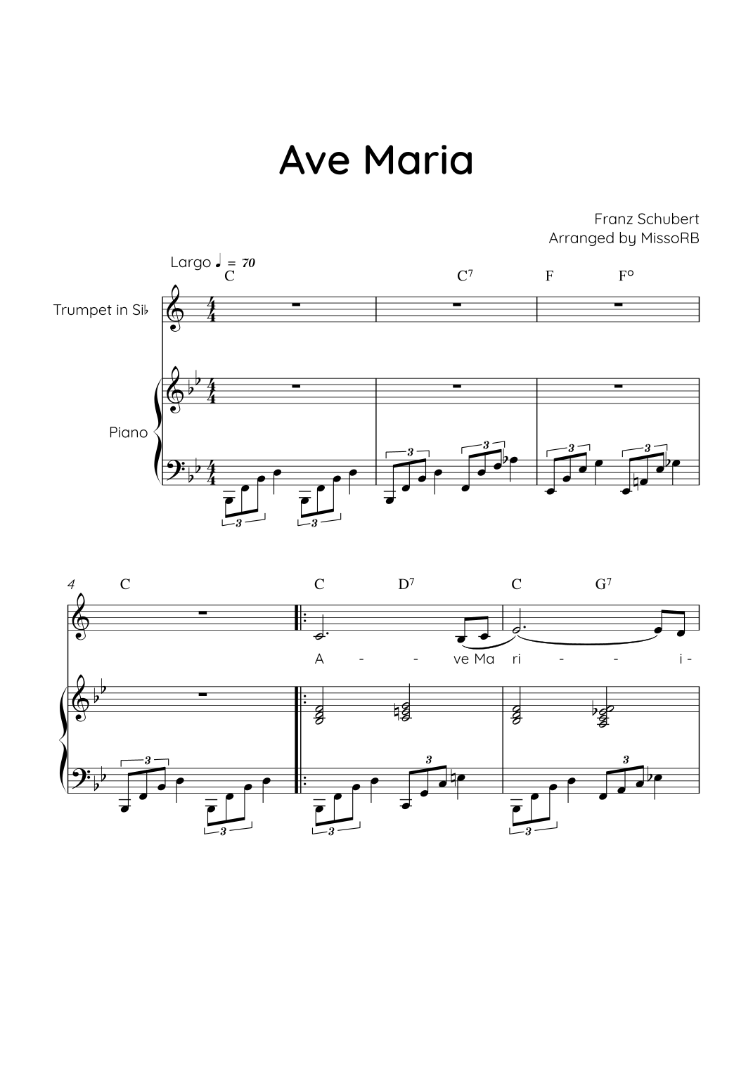 Ave Maria (Schubert) - Trumpet & Piano in Bb With Chords - Easy (arr ...