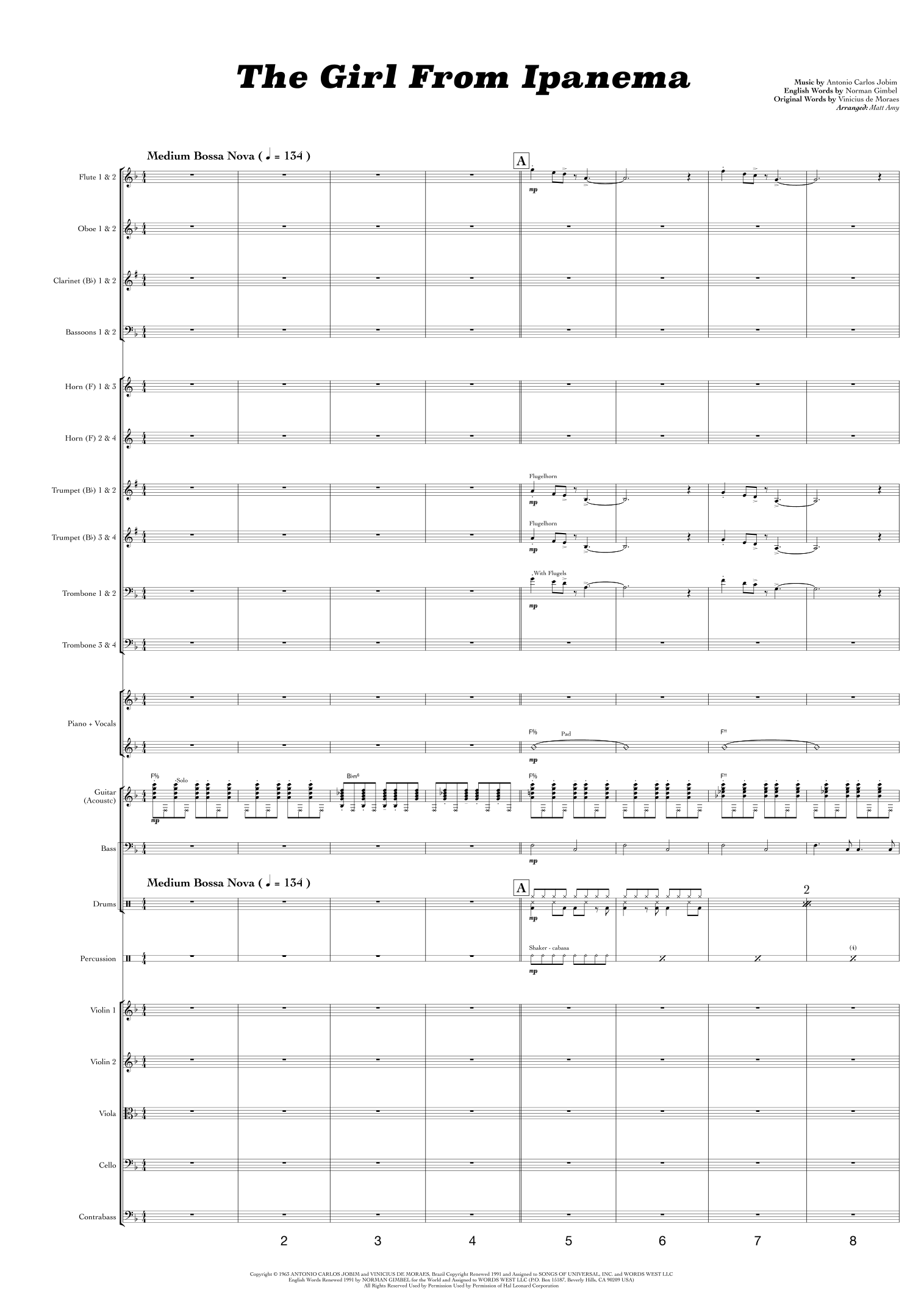The Girl From Ipanema (Garôta De Ipanema) (arr. Matt Amy) by Stan Getz & Astrud Gilberto Full Orchestra