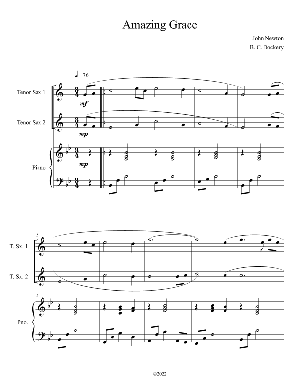 Amazing Grace (Tenor Sax Duet with Piano (arr. B. C