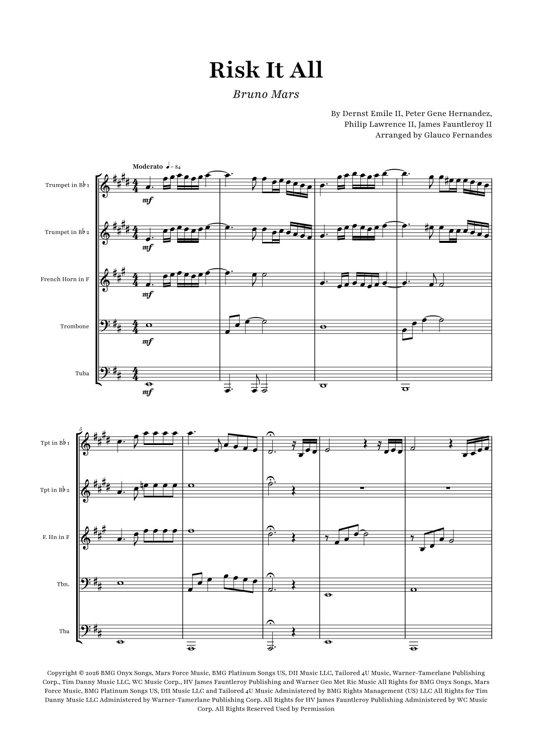 Risk It All (arr. Glauco Fernandes von Bruno Mars Noten zum Blechbläser ...