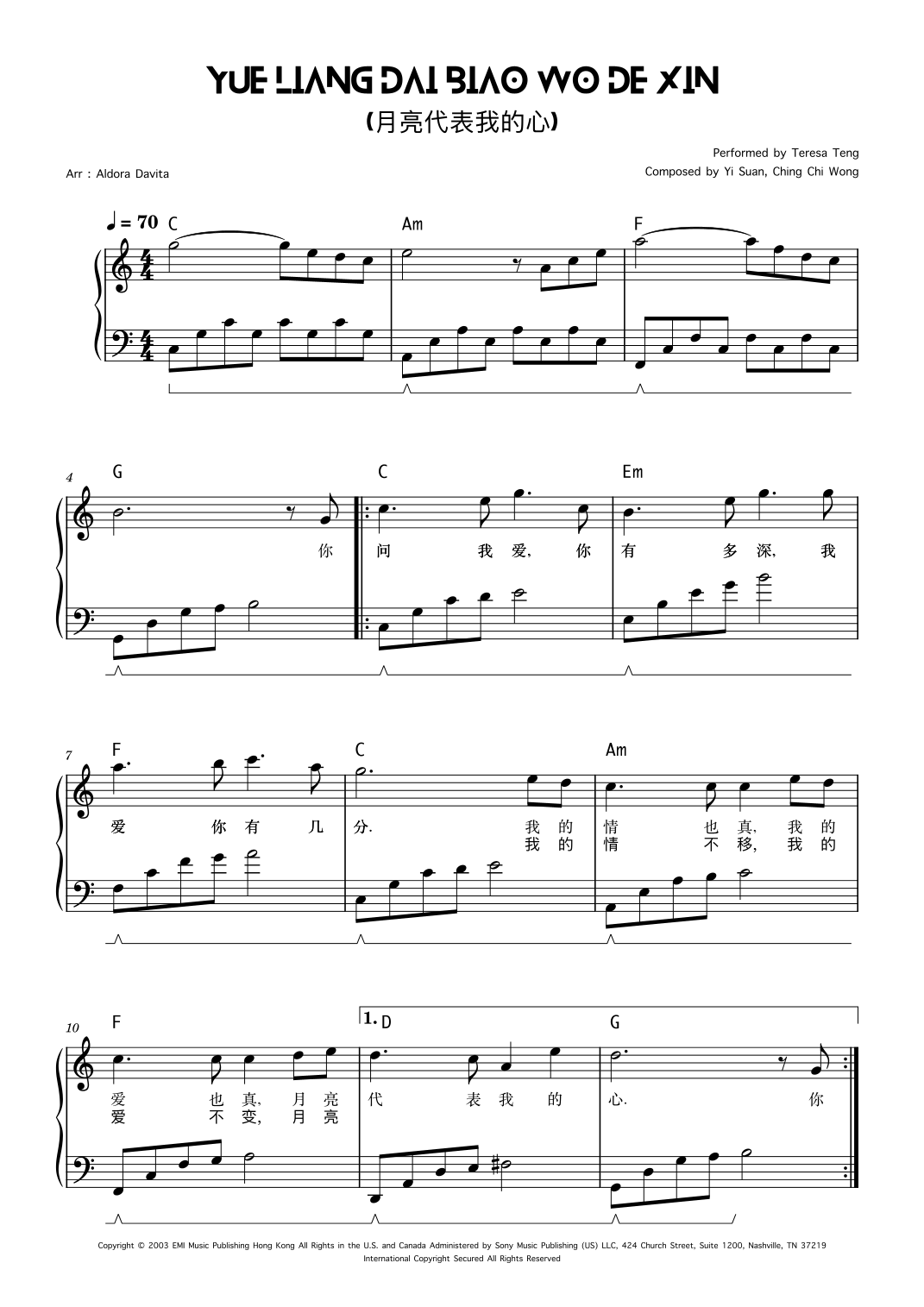 Yue Liang Dai Biao Wo De Xin (arr. Aldora Davita) by Laura Fygi Sheet ...