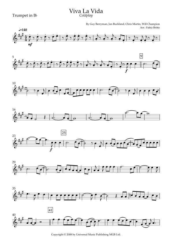 Viva La Vida arr Fabio Britto By Coldplay Sheet Music For Trumpet Viva La Vida arr Fabio Britto By Coldplay Sheet Music For Trumpet