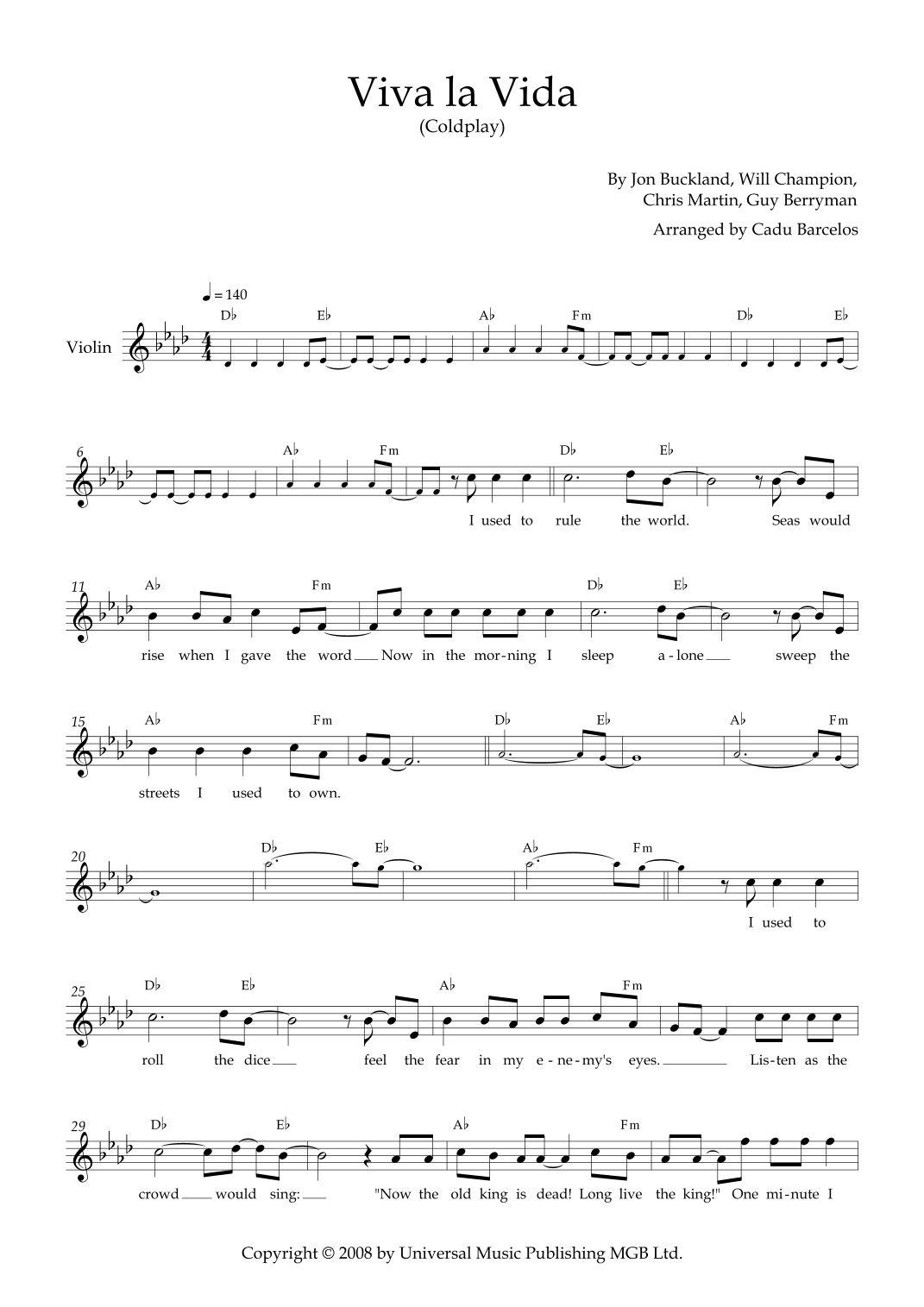 Viva La Vida arr Cadu Barcelos By Coldplay Sheet Music For Violin 