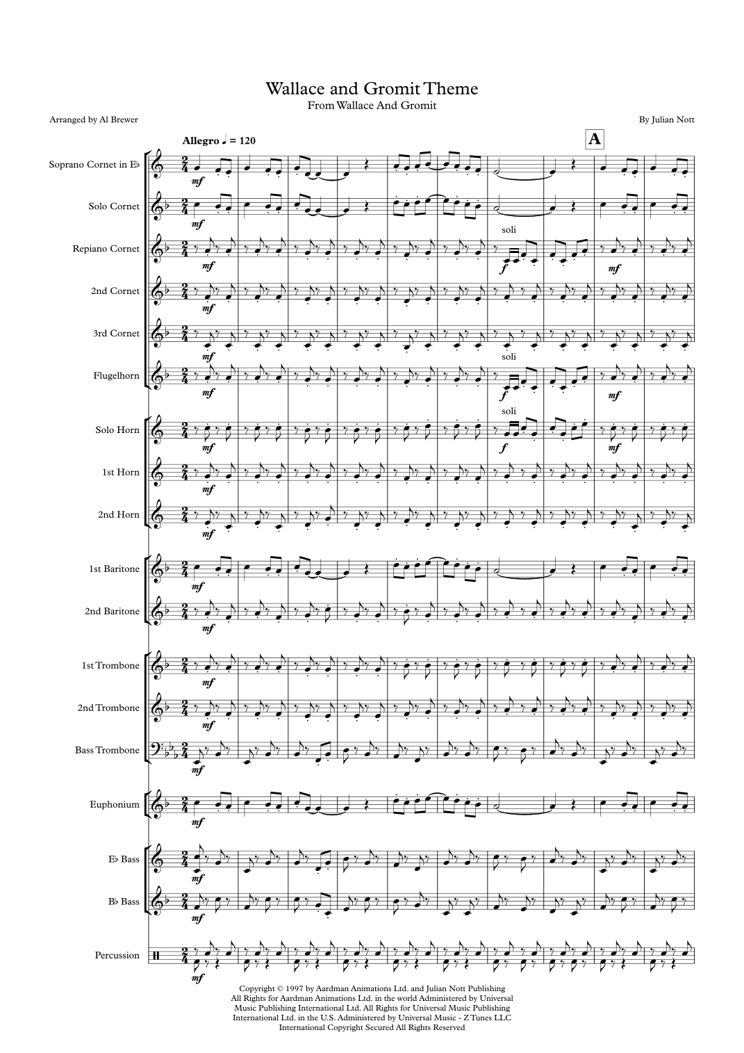 Interactive Digital Sheet Music preview of 'Wallace And Gromit Theme (arr. Al Brewer)' by Julian Nott, Brass Band page 1