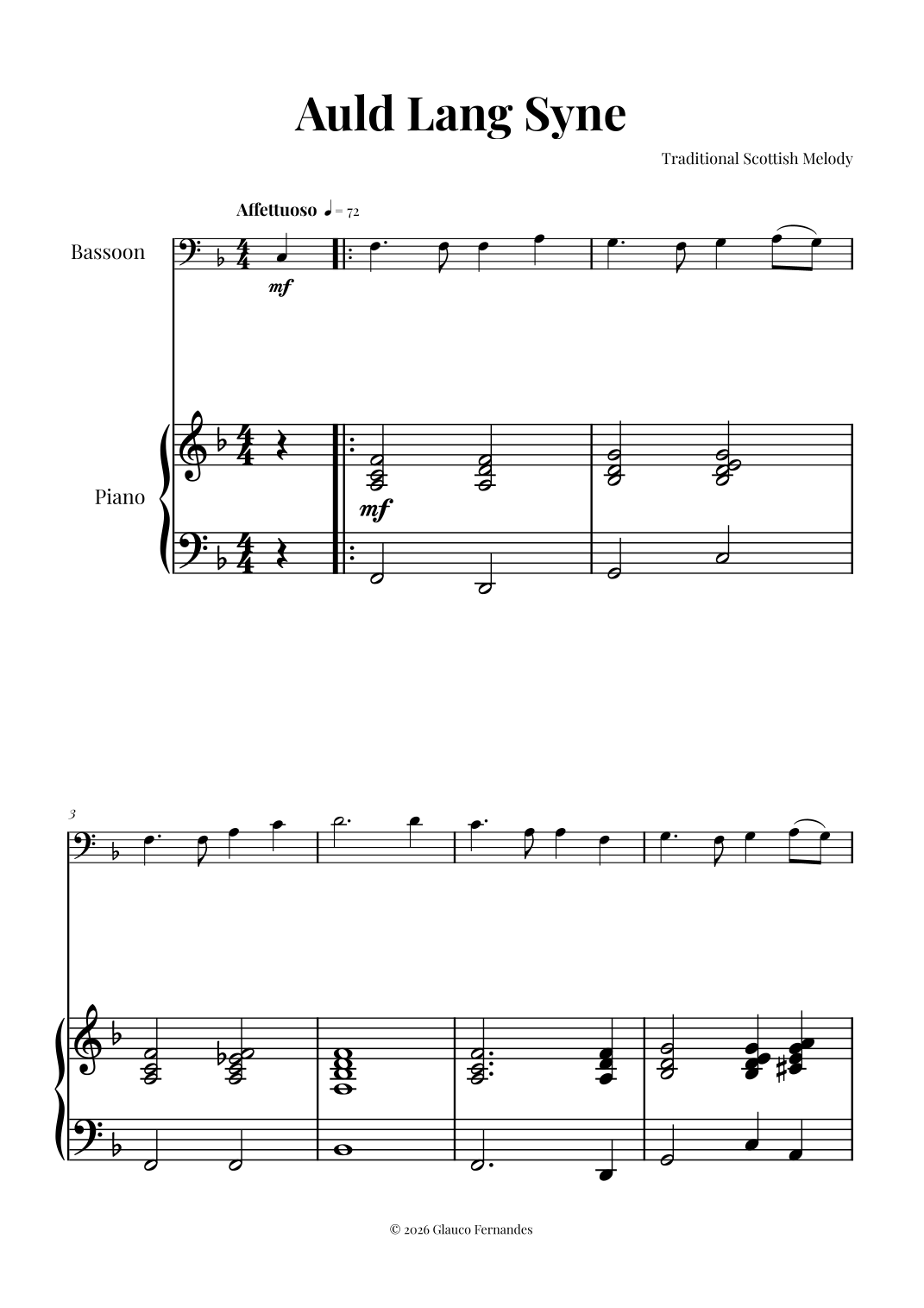 Auld Lang Syne by Traditional Sheet Music for Bassoon and Piano at ...