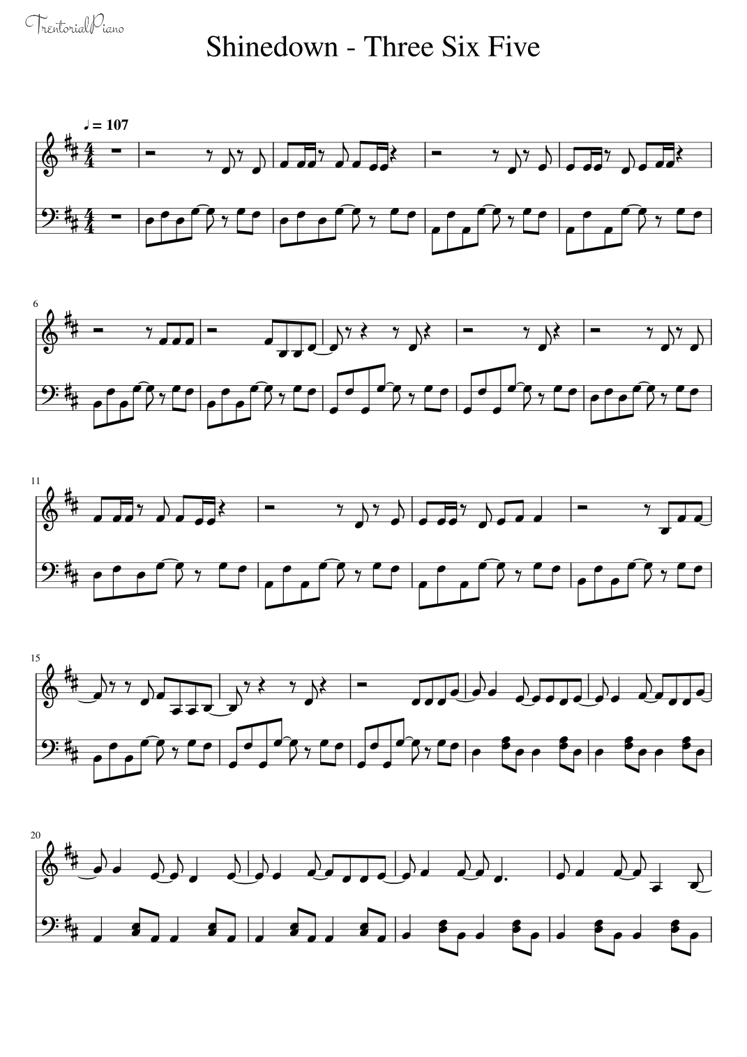 Three Six Five (arr. Trentorial Piano by Shinedown Sheet Music for ...