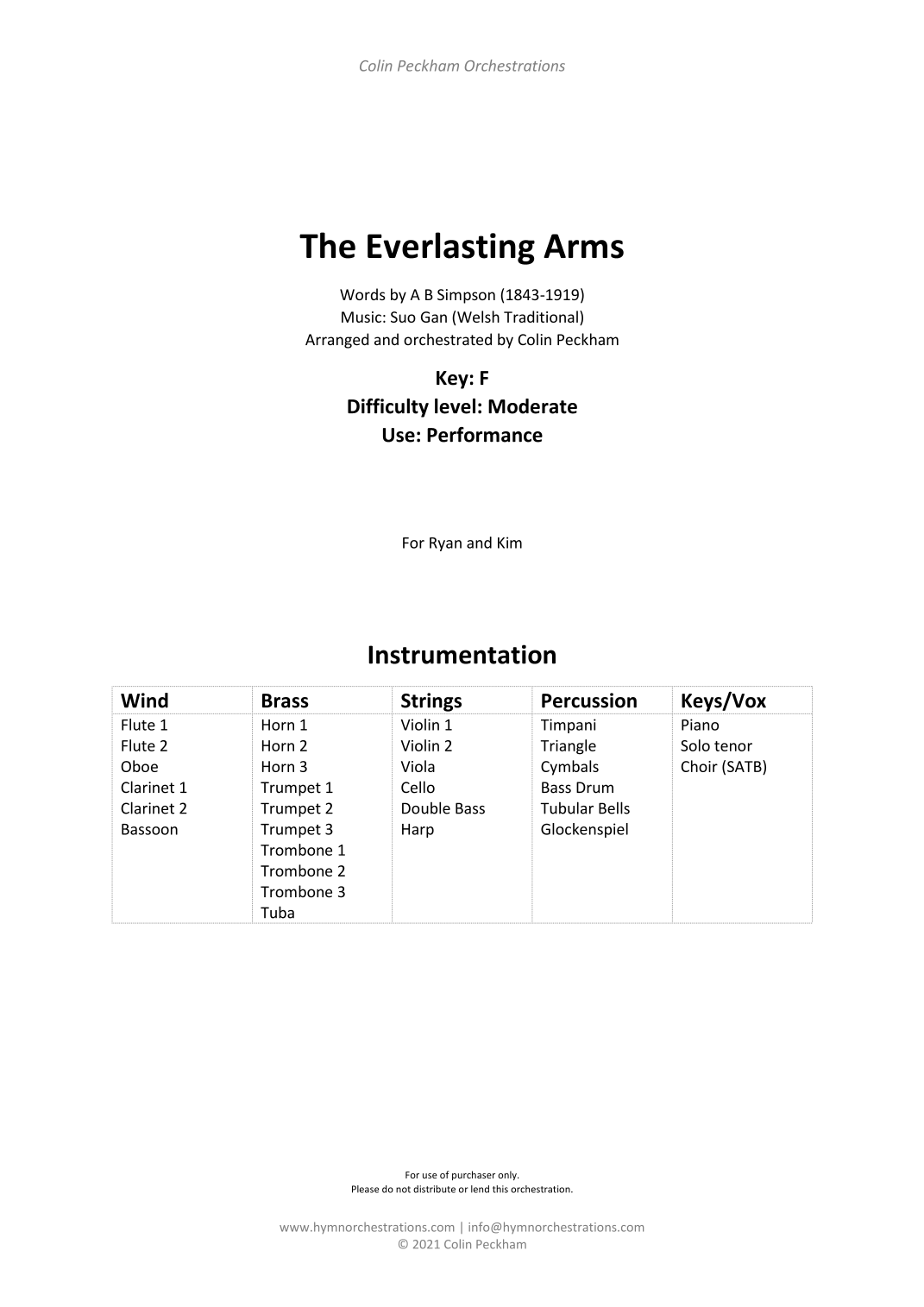 【威尔士民歌《永恒的臂膀》（科林·佩克汉姆改编）管弦乐总谱】The Everlasting Arms (Suo Gan) (arr. Colin Peckham) by Suo Gan (Welsh Traditional) Full Orchestra PDF乐谱下载