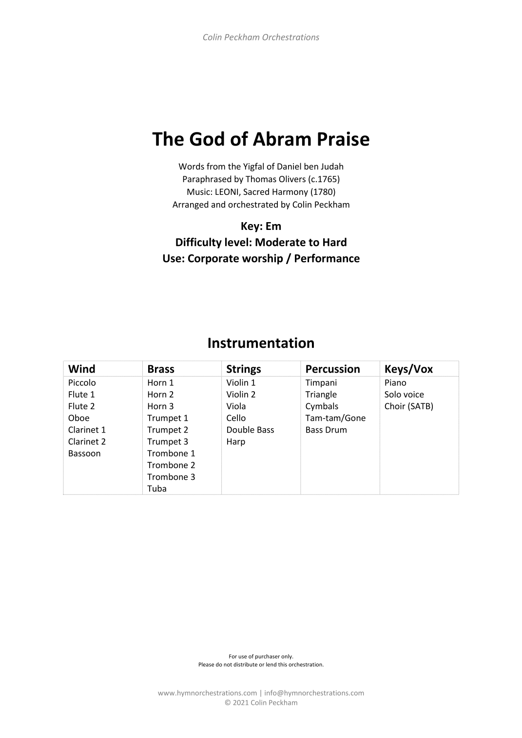 The God of Abram Praise (arr. Colin Peckham) by LEONI, Sacred Harmony (1780) 管弦乐团 - 预览