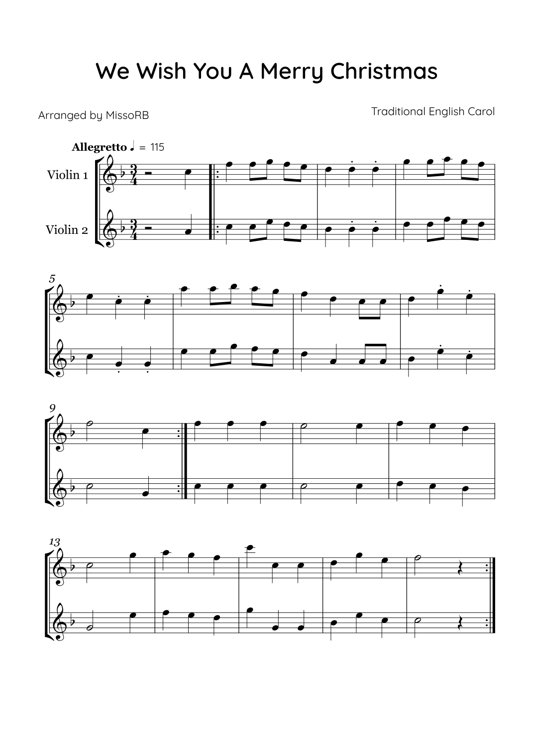 We Wish You a Merry Christmas - Violin Duet in F Major (Easy) (arr ...