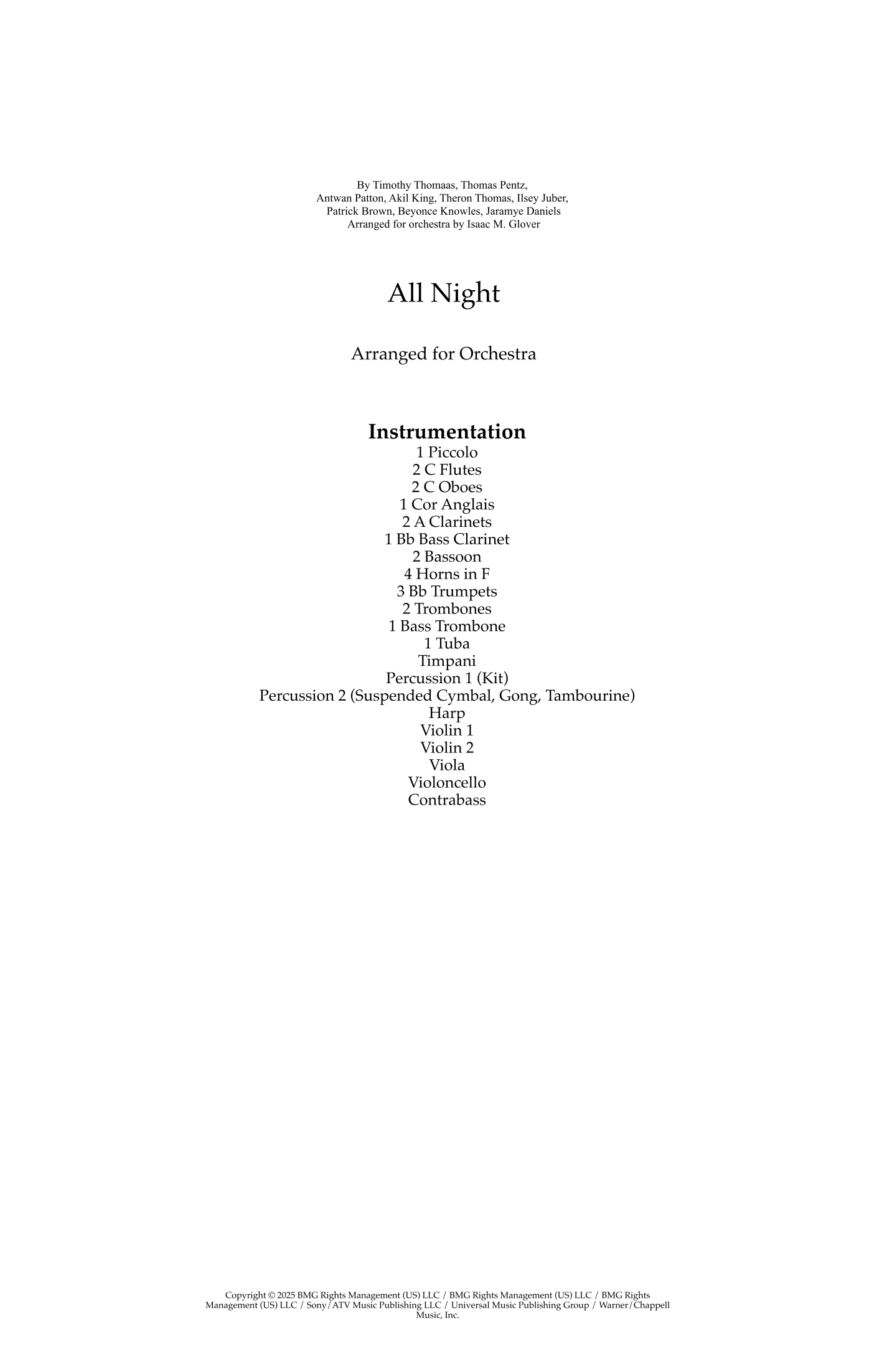 All Night (arr. Isaac M. Glover) by Beyonce Full Orchestra