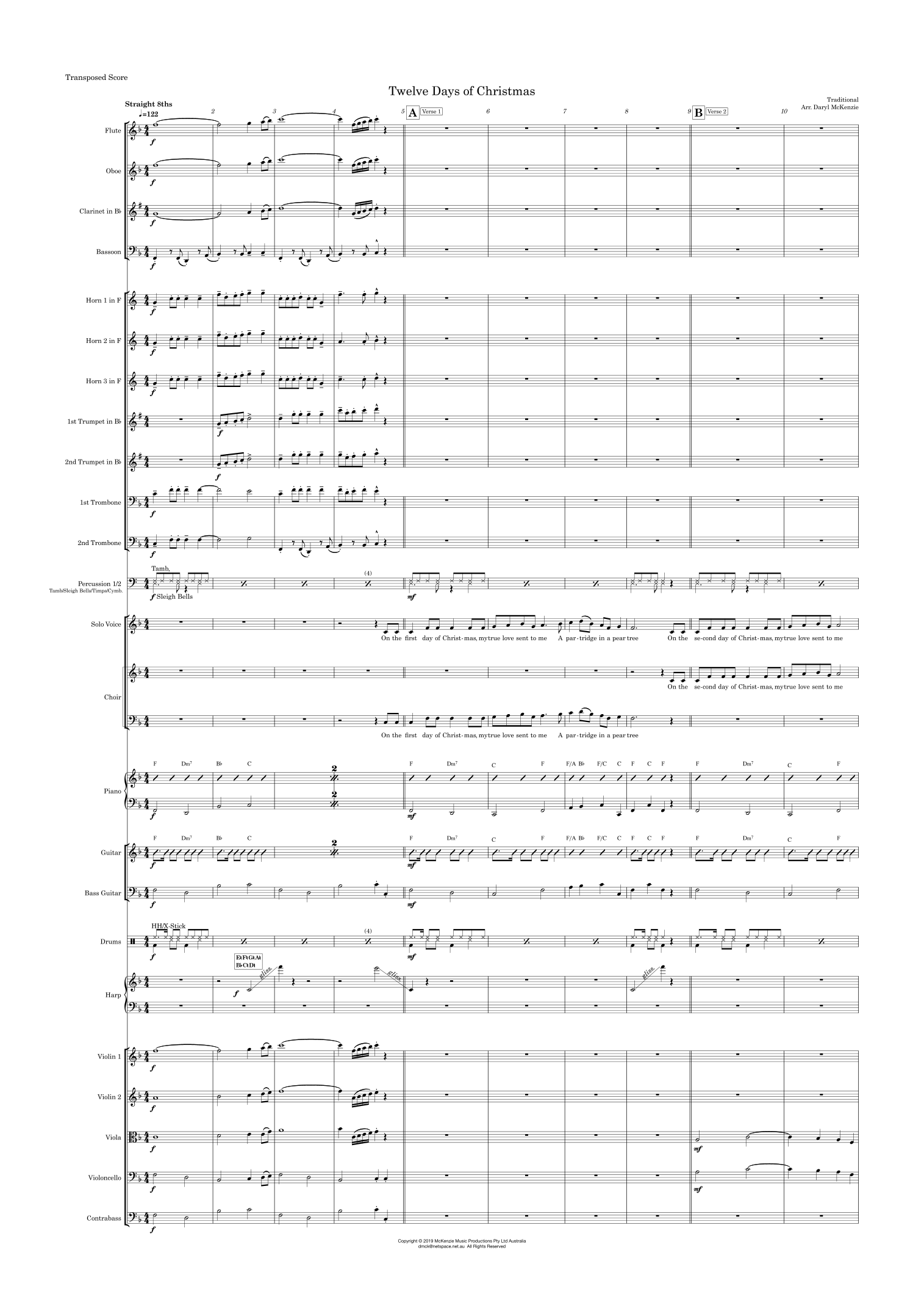 Twelve Days of Christmas - Solo voice or Choir with Small (Studio) Orchestra Key of F (arr. Daryl McKenzie) by Traditional Full Orchestra
