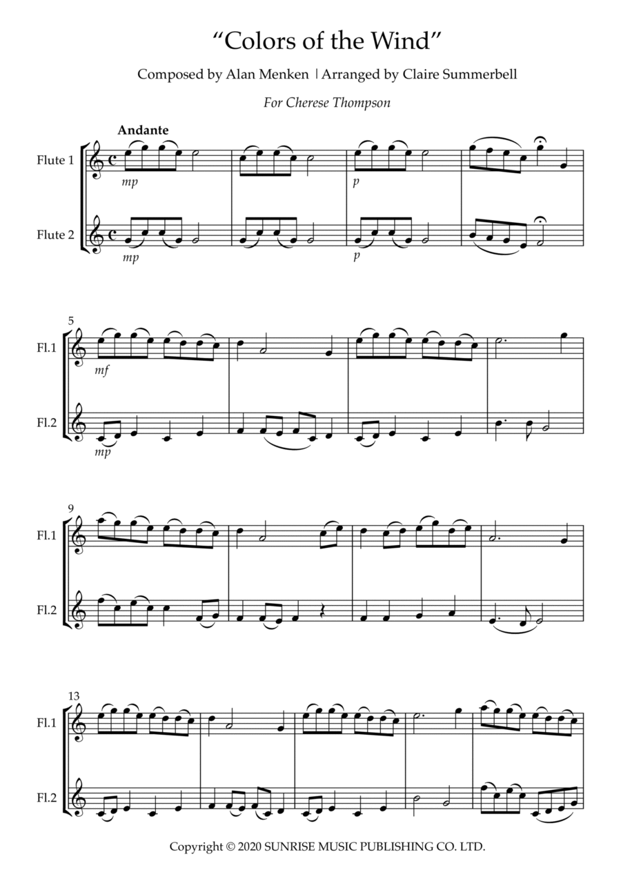 Colors Of The Wind Sheet Music Yoko Kanno Flute Duet
