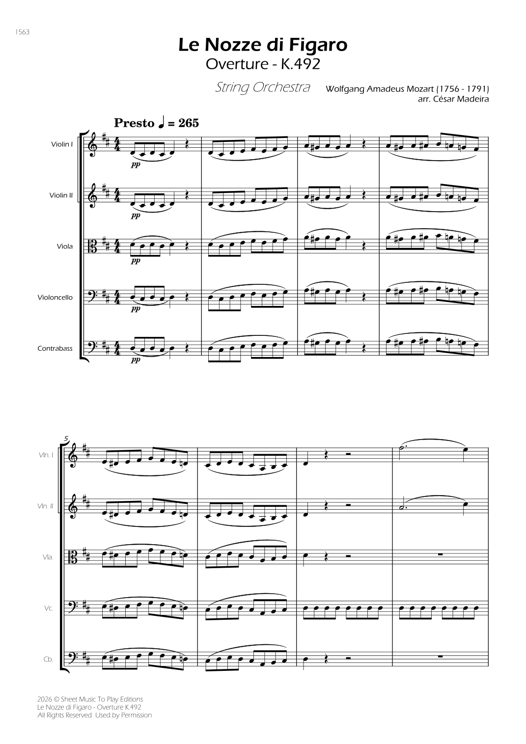 【莫扎特《费加罗的婚礼》序曲 弦乐团总谱】Le Nozze Di Figaro - Overture, K.492 - String Orchestra (Full Score) - Score Only (arr. César Madeira) by Wolfgang Amadeus Mozart String Orchestra PDF乐谱下载