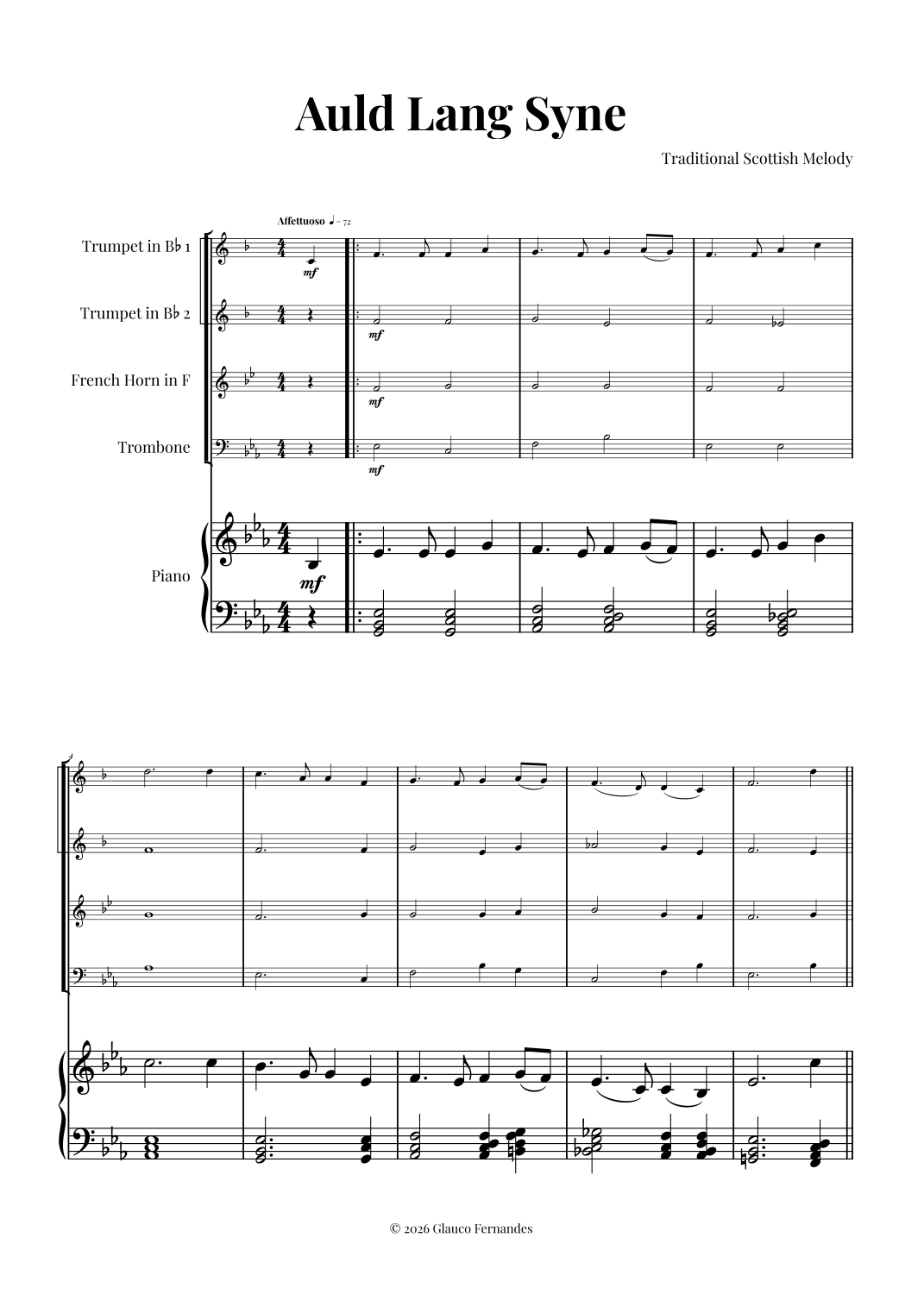 Auld Lang Syne (arr. Glauco Fernandes) by Traditional Sheet Music for ...
