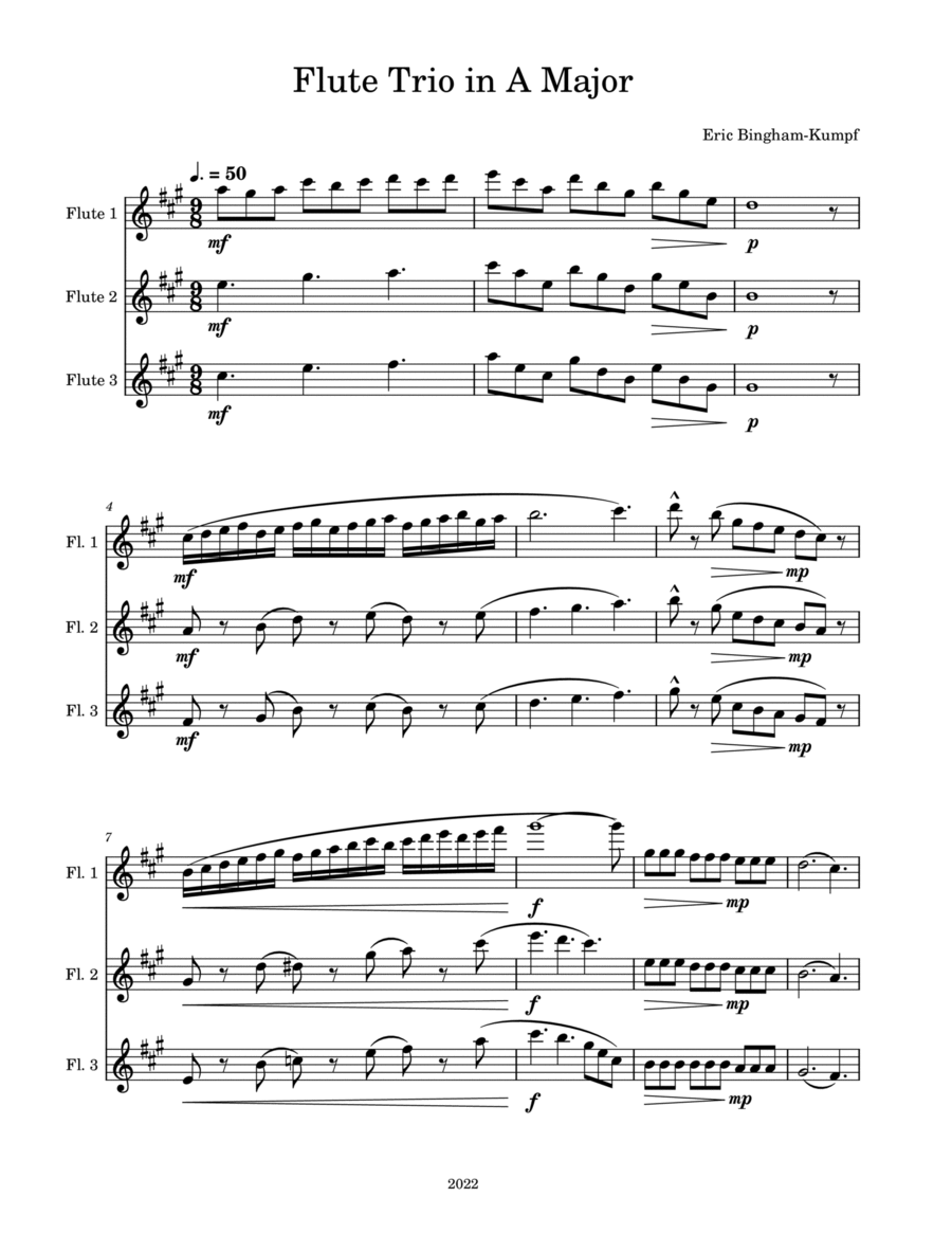 Flute Trio in A Major Sheet Music Eric BinghamKumpf Woodwind Ensemble