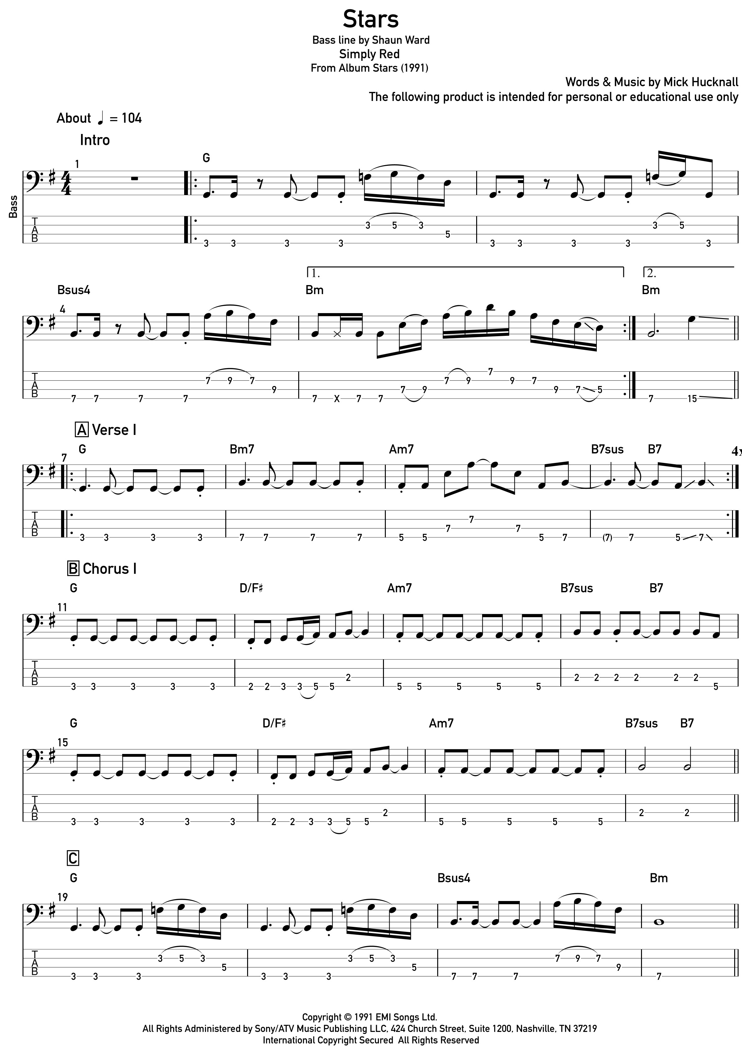 Stars Sheet Music Simply Red Bass Guitar Tab