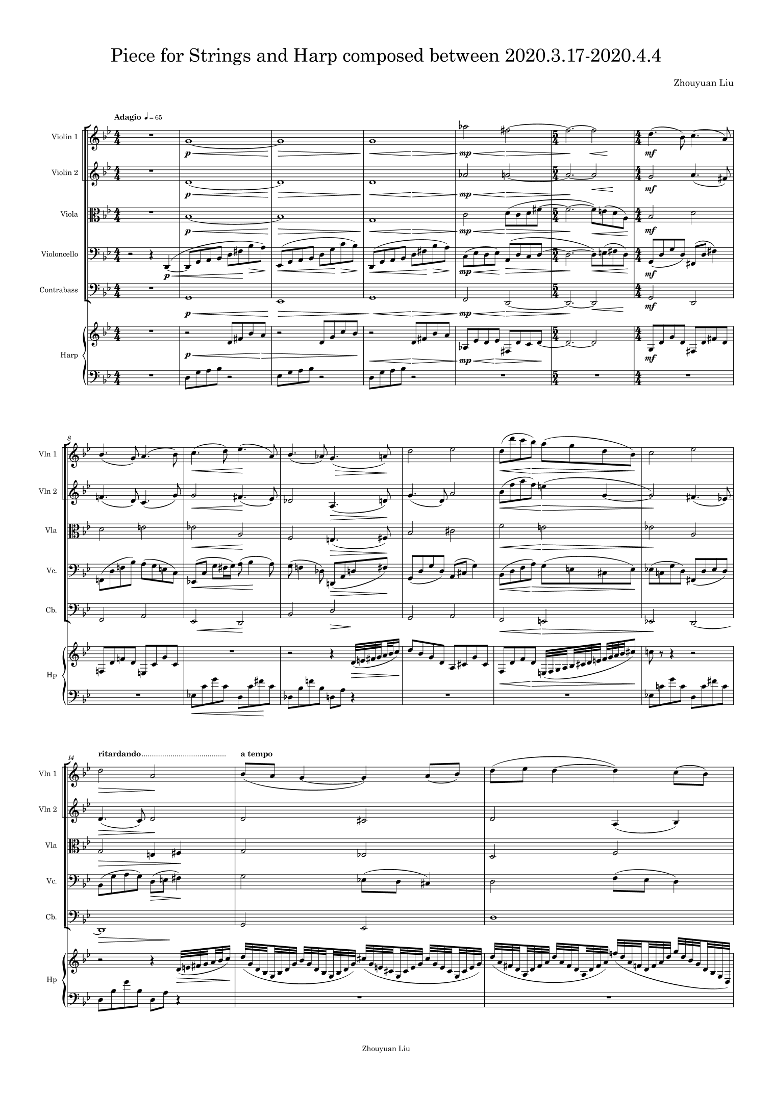 Piece for Strings and Harp composed between 2020.3.17-2020.4.4 (A3 Complete score and B4 Parts) by Zhouyuan Liu Full Orchestra(弦乐与竖琴作品,由 Zhouyuan Liu 创作于 2020.3.17-2020.4.4,A3总谱与B4分谱,管弦乐团)- 预览