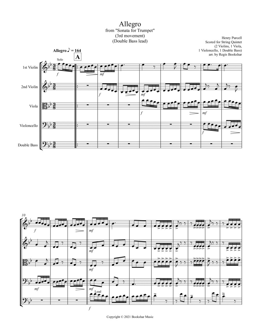 Allegro (from "Sonata for Trumpet") (Bb) (String Quintet 2 Violins, 1