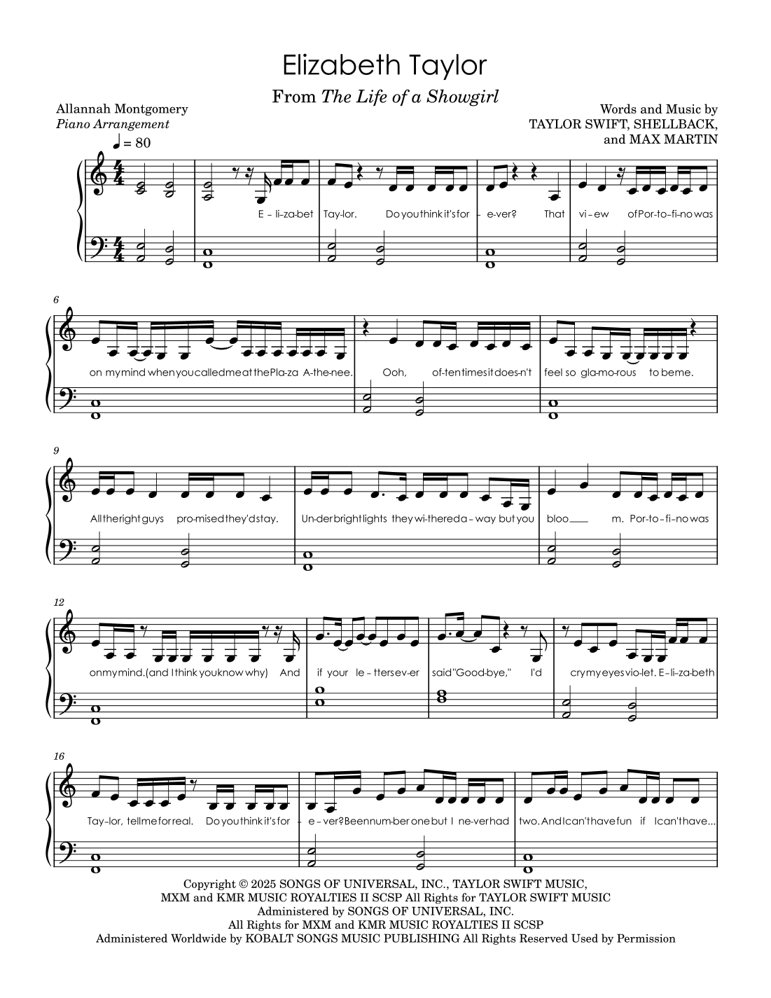 Elizabeth Taylor by Taylor Swift Sheet Music for Easy Piano (arr