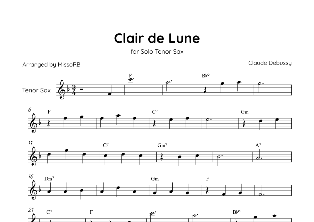 Claire de Lune - Solo Tenor Sax in Eb Major With Chords - Beginner (arr. MissoRB) Digital Sheet Music