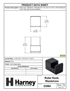 Product Data Specification Sheet Of A Robe Hook / Towel Hook, Westshore Bathroom Hardware Set -Matte Black Finish - Product Number 23060
