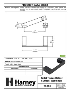 Product Data Specification Sheet Of A Toilet Paper Holder With Pivoting Bar, Westshore Bathroom Hardware Set - Matte Black Finish - Product Number 23061