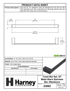 Product Data Specification Sheet Of A Towel Bar, 18 In., Westshore Bathroom Hardware Set - Matte Black Finish - Product Number 23062