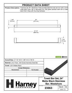 Product Data Specification Sheet Of A Towel Bar, 24 In., Westshore Bathroom Hardware Set - Matte Black Finish - Product Number 23063