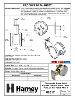 Product Data Specification Sheet Of A Commercial Single Sided Keyless Deadbolt With Exterior Plate, UL Fire Rated, ANSI 2 - Satin Chrome Finish - Product Number 86517
