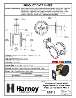 Product Data Specification Sheet Of A Commercial Single Sided Keyless Deadbolt With Exterior Plate, UL Fire Rated, ANSI 2 - Powder Coated Matte Black Finish - Product Number 86518
