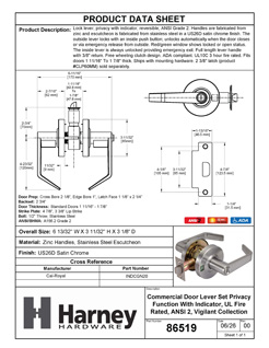 Product Data Specification Sheet Of A Commercial Door Lever Set Privacy Function With Indicator - Satin Chrome Finish - Product Number 86519